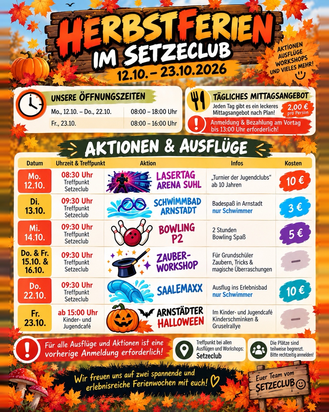 Herbstferienprogramm vom 12. bis 23. Oktober 2026 mit Aktionen, Kosten und Öffnungszeiten
